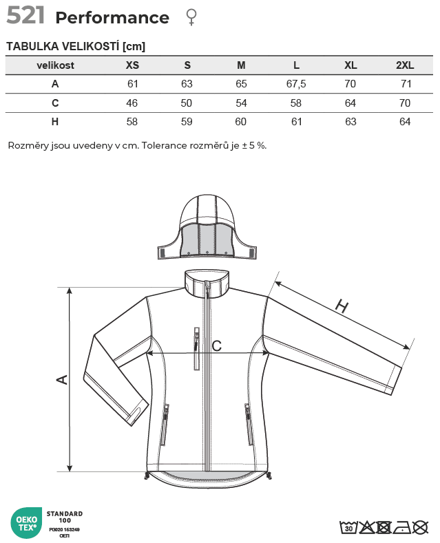 521 Performance softshellová bunda dámská Tabulka velikostí
